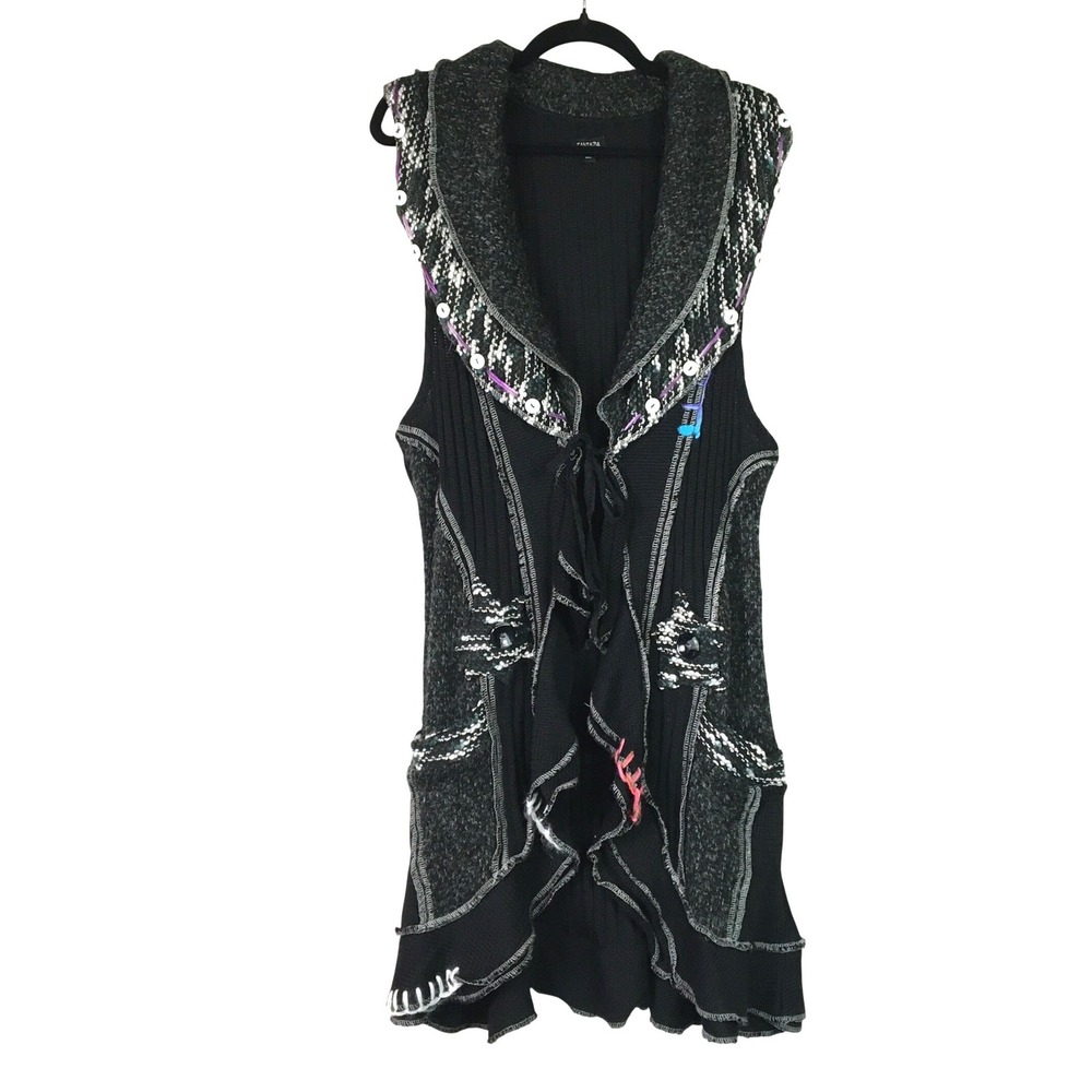 Fantazia Mixed Knit Boho Sleeveless Cardigan Vest‎ 1XL Black Gray